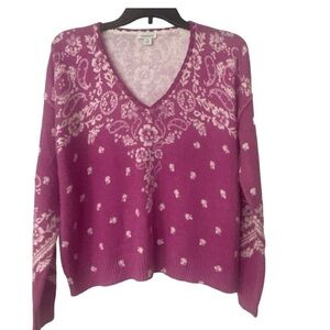 SUNDANCE Cotton Blend Pink Floral Print V Neck Sweater